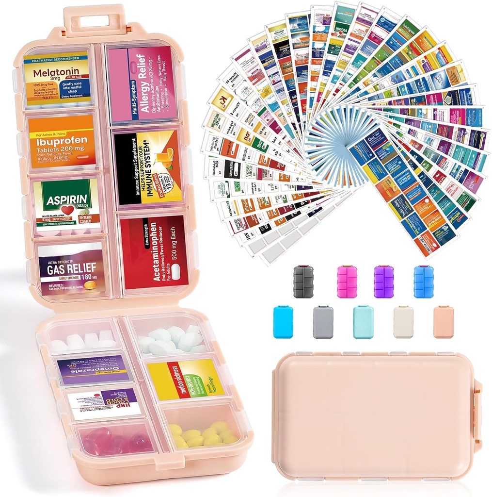 14 Grids Travel Pill Organizer Box mit 415-Pcs Medizin Name Etiketten - Pocket Daily Pharmacy Case Container Kit - Travel Medication Holder Dispenser für Fish Oil Vitamin Supplement Storage - Pink