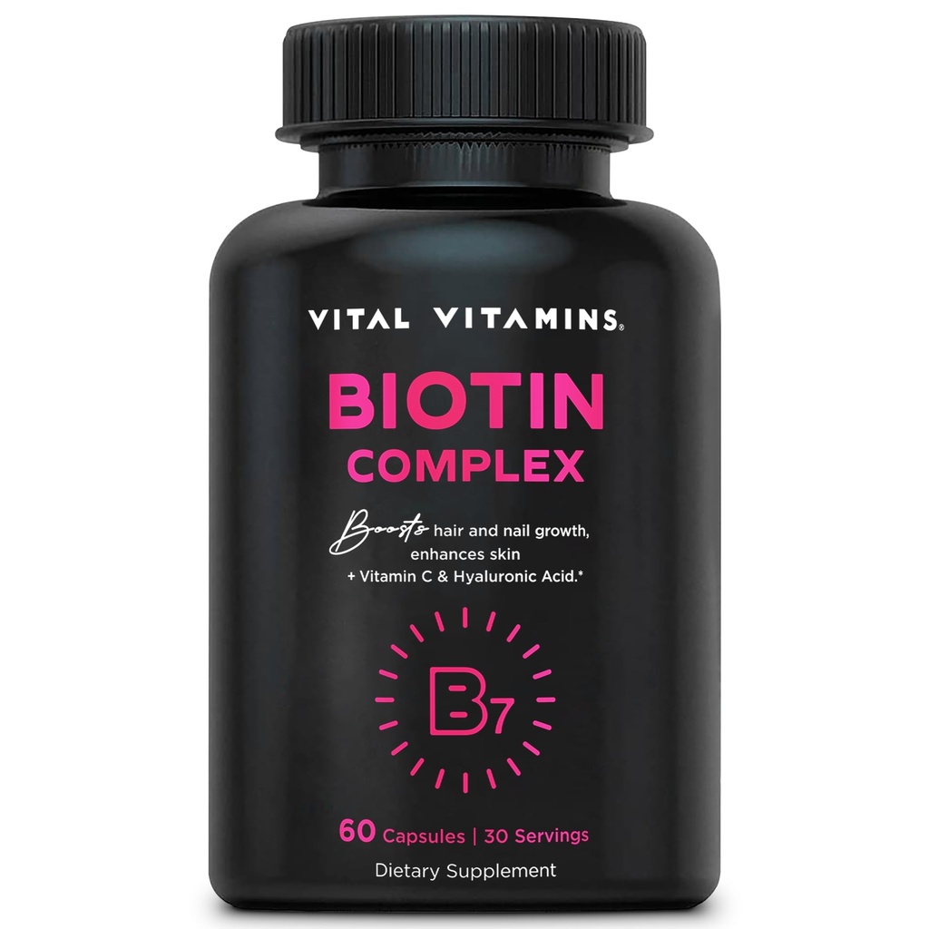 Biotin Complex Pillen - mit Hyaluronsäure, MSM, Kollagen und Vitamin C - Ergänzung für Haar, Haut und Nägel - 60 Kapseln
