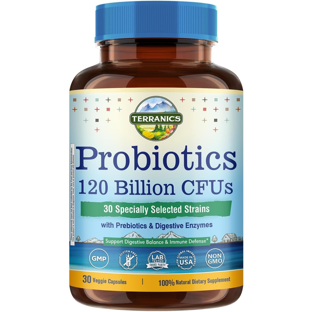 Terranics Probiotics 120 Billion with Prebiotics & Digestive Enzymes, 30 Tested Strains, Complete Digestion & Immune Support, Non-GMO, NO Soy, Dairy & Gluten, for Men and Women, 30 Veggie Capsules