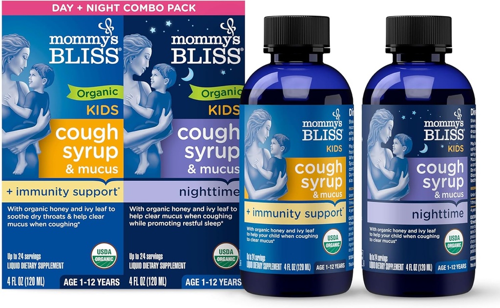Mommy's Bliss Organic Cough Sirop & Mucus pour les enfants, Combo de jour et de nuit avec vitamine C et soutien immunitaire, contient du miel biologique et feuille Ivy, 4 Fl Oz (paquet de 2)
