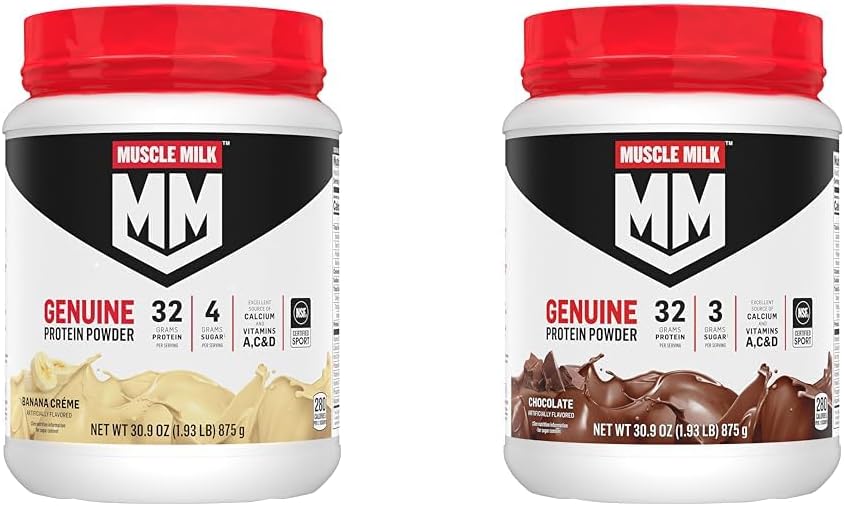 Muscle Milk Genuine Protein Powder Bundle, Banana Crème 1.93 Pfund 12 Servierungen 32g Protein und Schokolade 1.93 Pfund 12 Servierungen 32g Protein