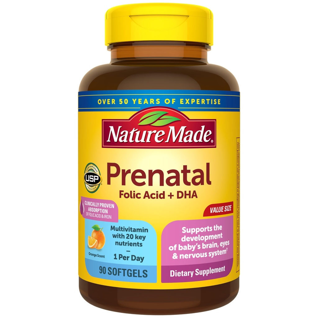 Nature faite prénatale avec acide folique + DHA, supplément de vitamine prénatale et minérale pour le soutien nutritionnel quotidien, 90 Softgels, 90 jours d'approvisionnement