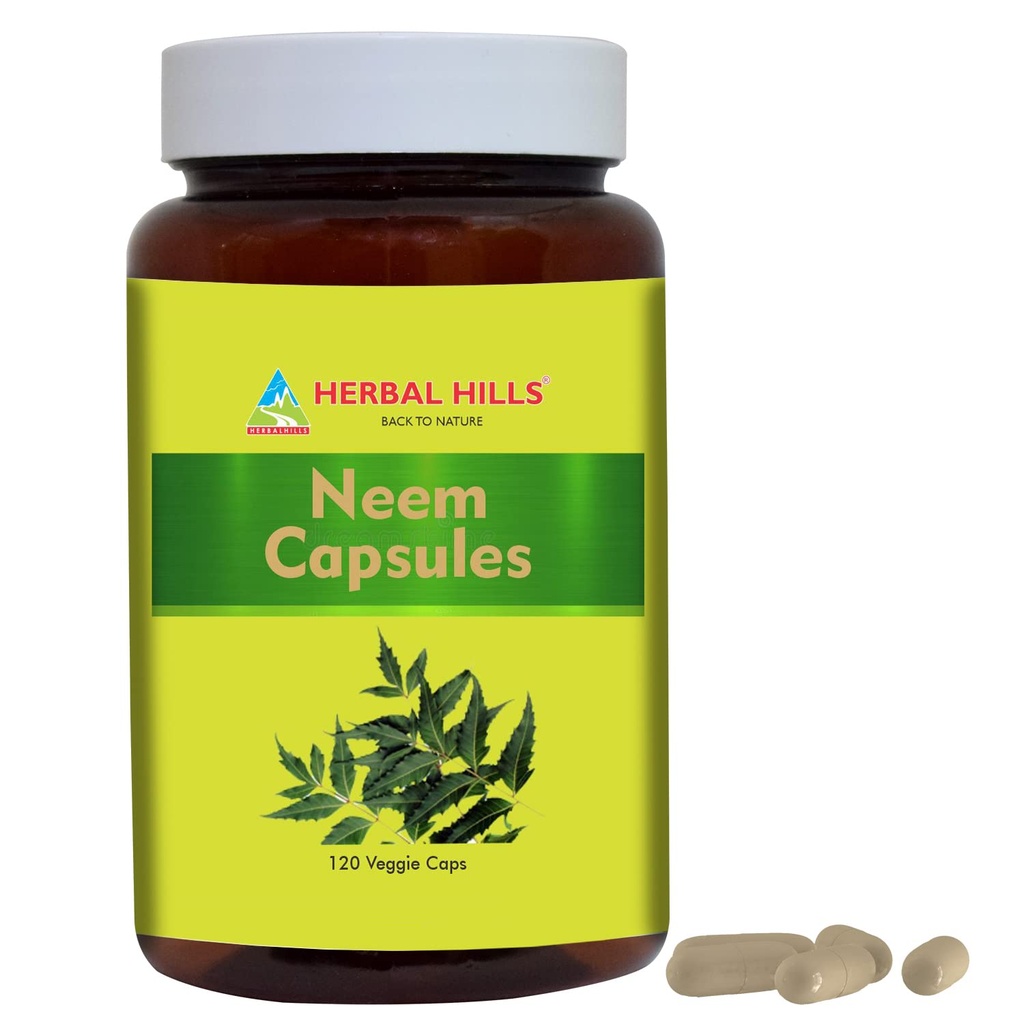 HERBAL HILLS Neem Kapseln 120 Vegie Kapseln Neem Blatt Azadirachta Indica 700 mg Pulver und Extrakt Mischung in einer Kapsel
