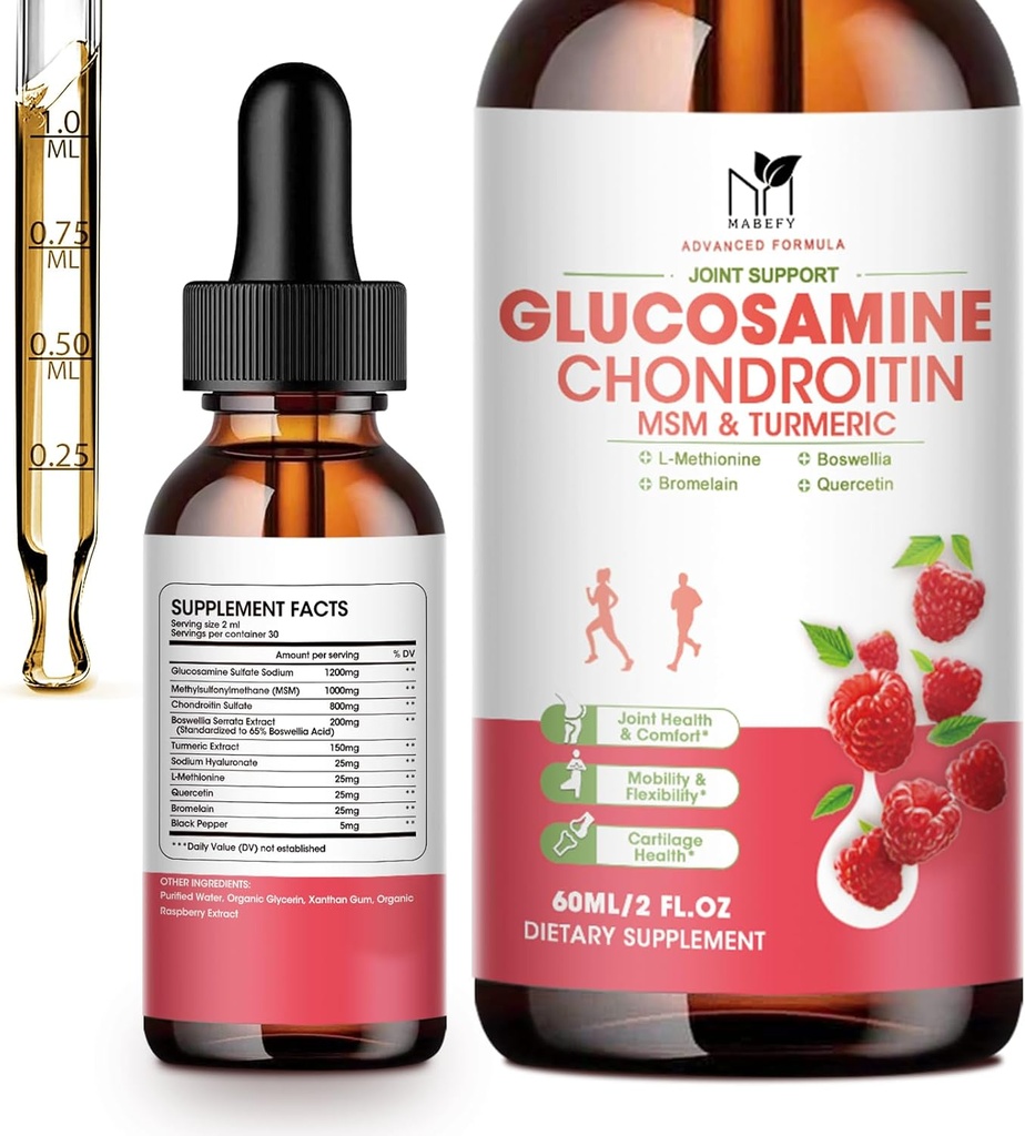 Glucosamin Chondroitin MSM Liquid Drops-w/ Turmeric Boswellia Quercetin Bromelain-Vegan, Antioxidante Unterstützung für Rücken, Knie,Hands-Joint Support Supplement unterstützt gesunde Gelenke, Mobilität & Cartilage