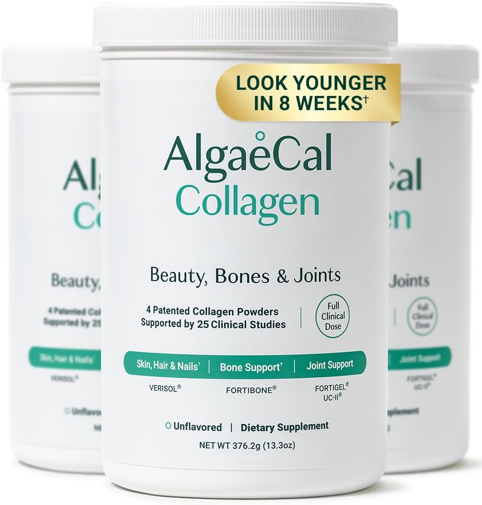 ALGAECAL Collagen - 4 klinisch unterstützte Peptide VERISOL®, FORTIGEL®, UC-II®, FORTIBONE®, Anti-Aging Hydrolysed Collagen Powder, 3 Packs, Made in USA