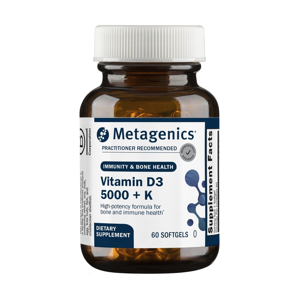 Metagenics Vitamin D3 + K - für artery Health, Immununterstützung, Knochen & Herzgesundheit* - Vitamin D mit MK-7 (Vitamin K2) - Non-GMO - Glutenfrei - 60 Softgels - 5.000 IU