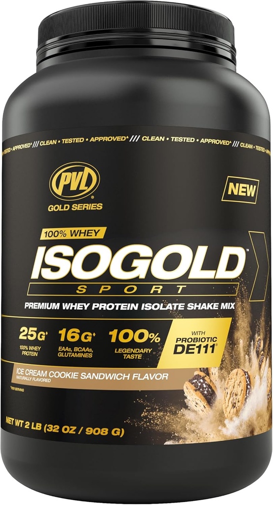 Série PVL Gold - 100 % Whey ISOGOLD Sport - Mélange à agiter isolat de protéines de lactosérum Premium - 2 LB - Sandwich à biscuits à la crème glacée