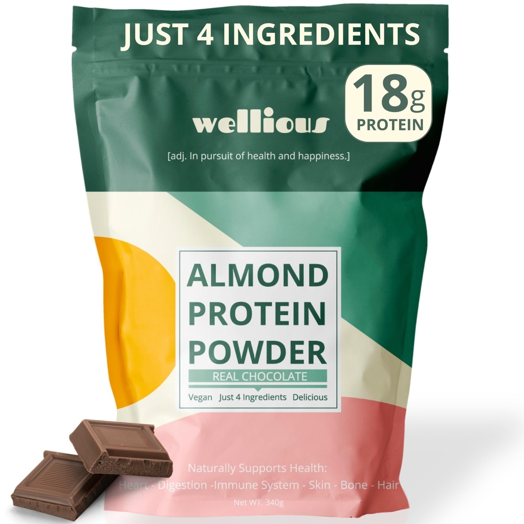 Poudre de protéines d'amande bienfaisante (chocolat) - 18 grammes de protéines végétales pures et saines pour les femmes et les hommes - Poudre de protéines parfaite sans gluten, sans soja et lisse pour la nourriture sportive