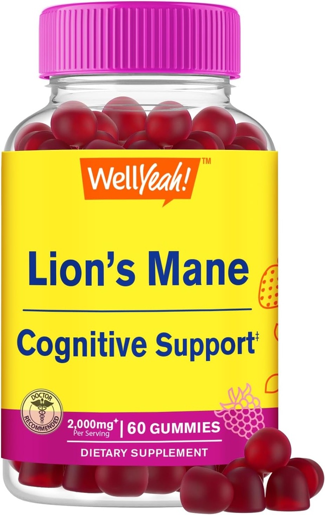 WellJa Lions Mane Gummi für Erwachsene (2.000mg) | Lions Mane Supplement Memory and Focuse Support | Glutenfrei, Non GMO | Berry Flavor | Lion's Mane Gummies 60 Count