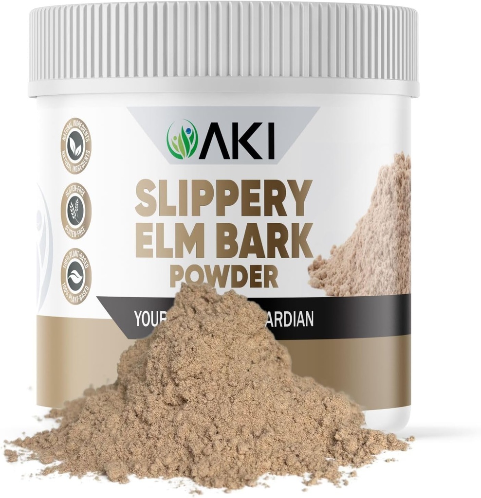 AKI Slippery Elm Bark Powder - Pflanzenbasiertes Protein, beruhigende Remedy für Verdauungs- und Trompetenkomfort - Vegan-Friendly, Glutenfrei, Non-GMO & Free von künstlichen Additiven (4oz/113g)