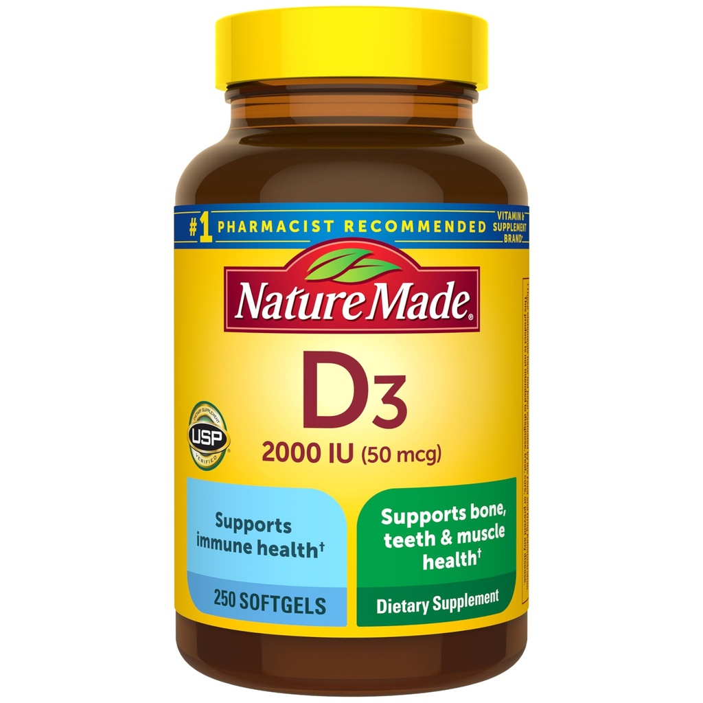 Nature Made Vitamin D3 2000 IU (50 mcg), Vitamin D Supplement für Knochen, Zähne, Muskel- und Immungesundheitsunterstützung, 250 Softgel, 250 Tage Versorgung