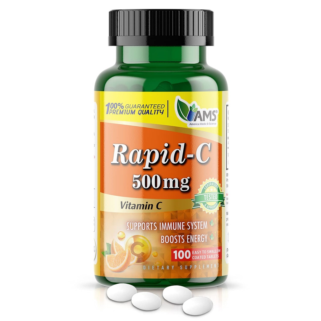 Amerika Medic & Science Rapid-C 500mg Vitamin C Supplement (1 Packung mit 100 Tabletten) Energie-Booster, Tägliche Immunsystem-Unterstützung, Antioxidans | Vegan, Non-GMO beschichtete Ascorbinsäure für Erwachsene Männer & Frauen