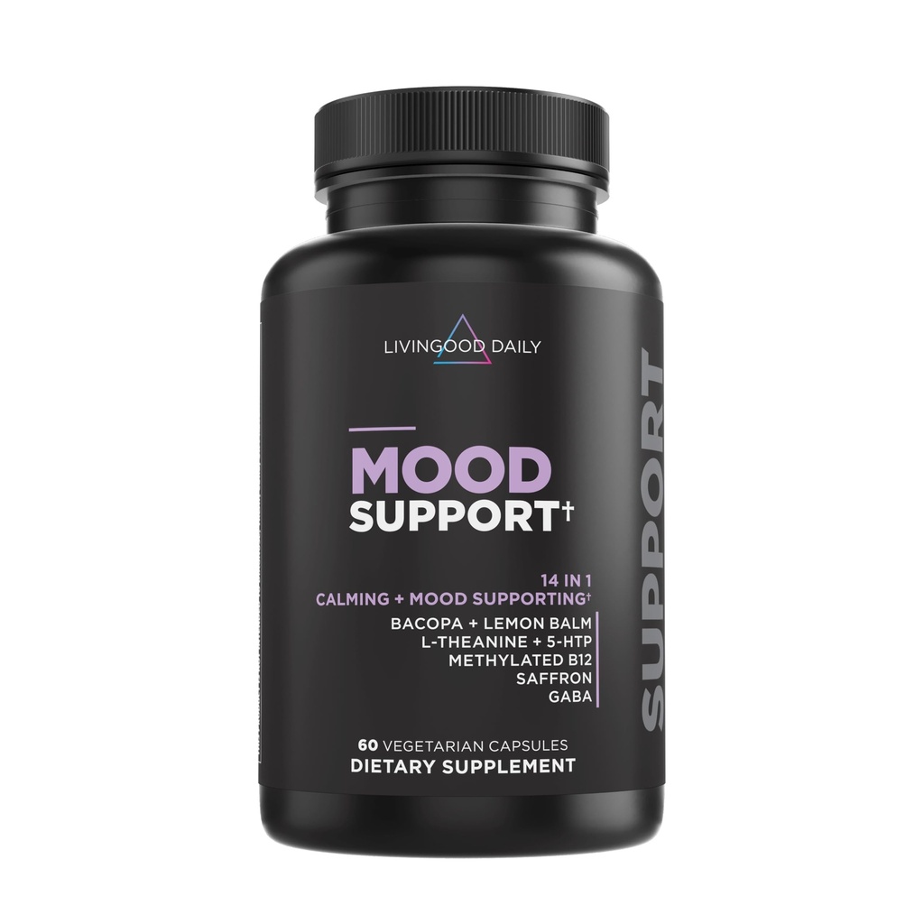 Livingood Daily Mood Supplément de soutien pour les femmes et les hommes, 14-en-1 Formule avec L Theanine, Lemon Baume, GABA, Safran, 5-HTP & B12, Supports Focus & Emotional Wellness, Sans gluten, Vegan, 60 Capsules