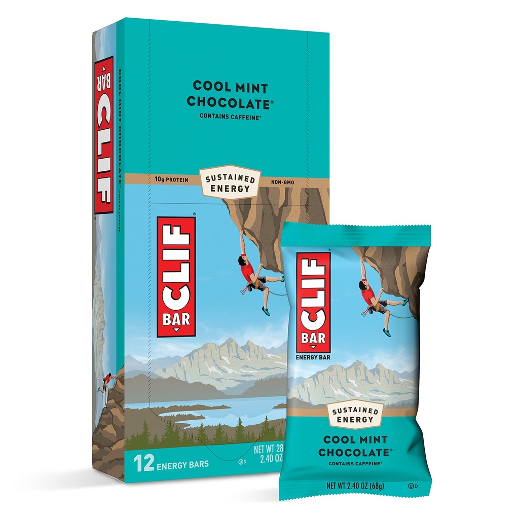 CLIF BARS - Bars énergétiques - Chocolat frais à la menthe - Avec caféine - Fabriqué avec de l'avoine biologique - Alimentation végétale - Végétarien - Kosher (2.4 Barres protéiques d'Once, 12 Nombre) Emballage Mai Varier