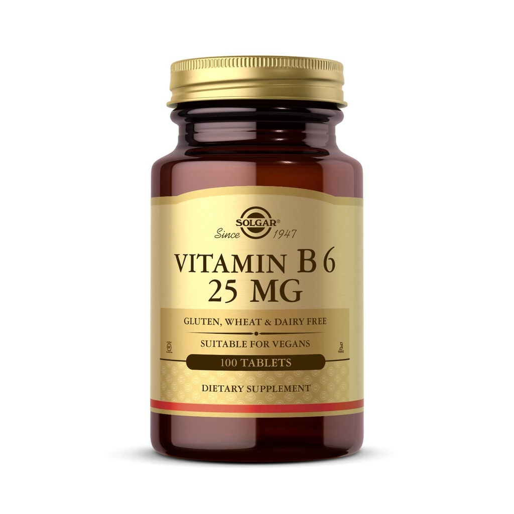Solgar Vitamin B6 25 mg, 100 Tabletten - Unterstützt Energie Metabolismus, Herz-Gesundes Nervensystem - B Complex Supplement - Vegan, Glutenfrei, Dairy Free, Kosher - 100 Servierungen