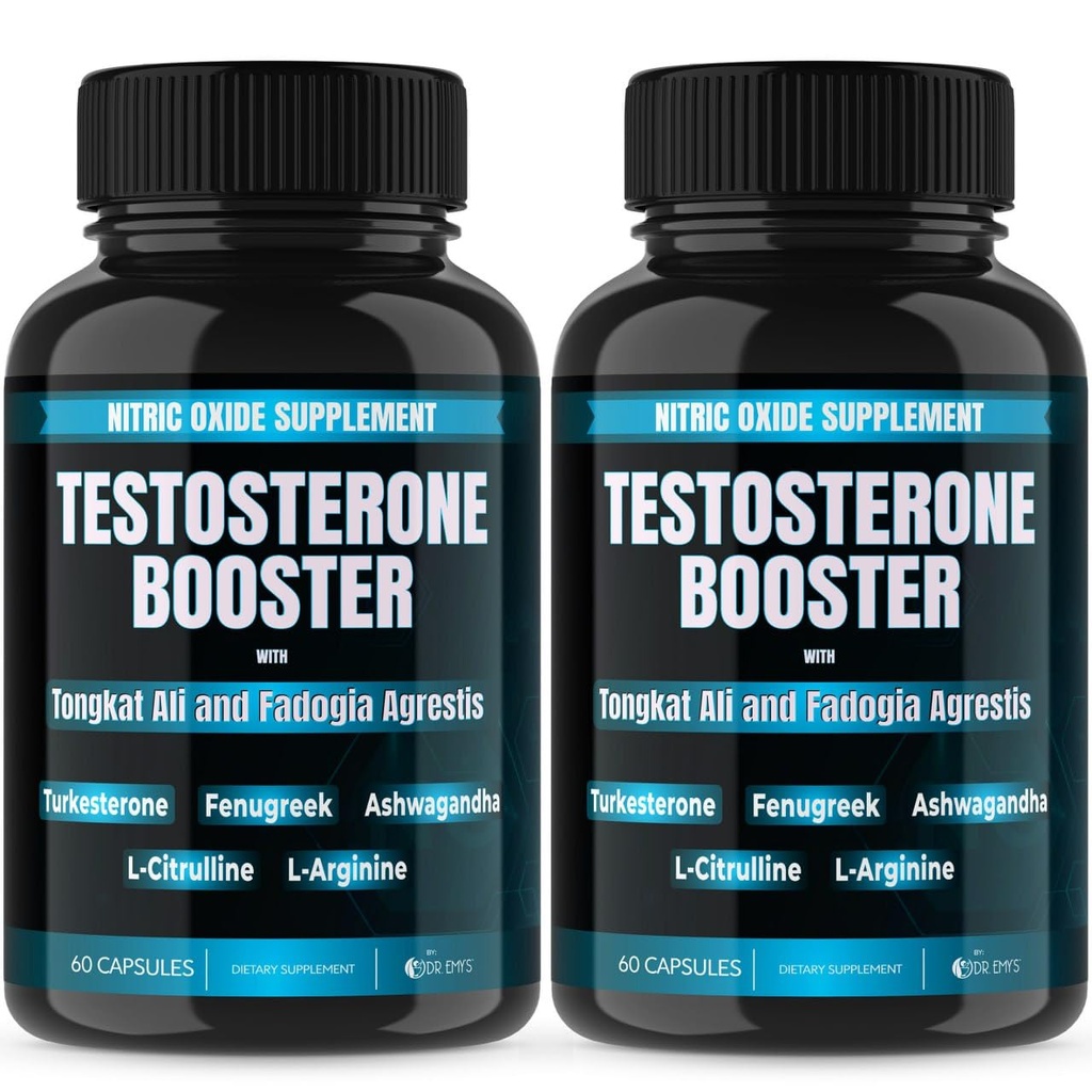 Dr. Emy's (2 Pack Testostérone Booster-Tongkat Ali Fadogia Agrestis Nitric Oxide Ashwagandha Supplément pour les hommes avec L Arginine Citrulline Fenugreek - Turkesterone pré-entraînement pompe (120 capsules)