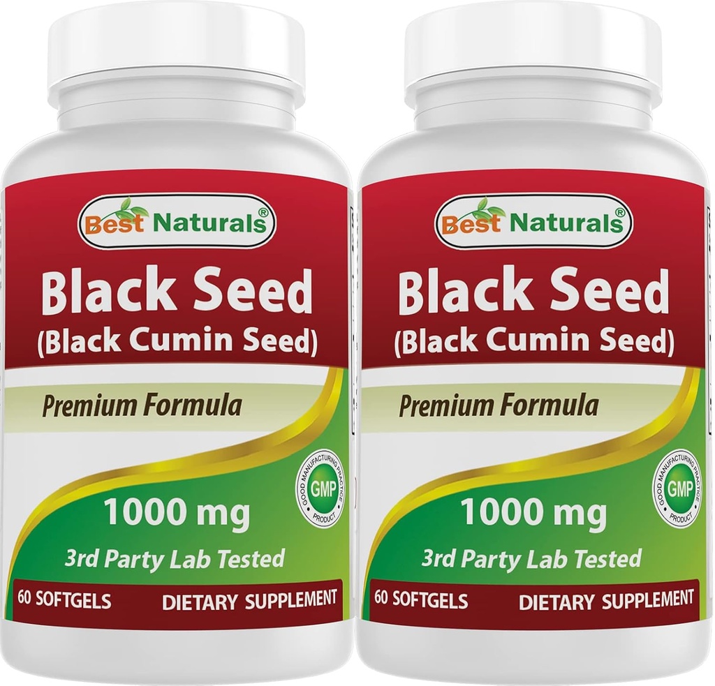 Best Naturals 2 Packungen schwarzem Samen Öl Kapseln 1000 mg (Non-GMO) Nigella Sativa - 100% kalt gepressten schwarzen Cumin Samen Öl Pillen Enthält Thymoquinonoe 60 Count (120Total Softgels)