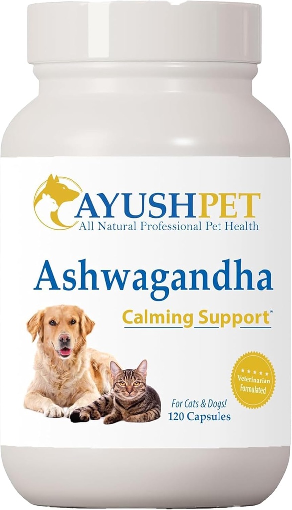 Ayush Pet Ashwagandha Kapseln für Hunde & Katzen - Organic Ashwagandha Root Extract for Calm and Daily Balance, Adaptogenic Wellness Supplement für Haustiere, 500mg Per Capsule - 120 Count