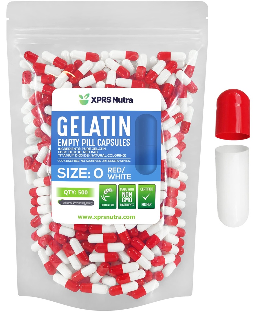 XPRS Nutra Größe 0 Leere Kapseln - 500 Graf Leere Gelatine Kapseln - Pillen DIY Kapsel Füllung - Pure Bovine Pill Gel Kapseln für Do-It-Yourself Ergänzungen (Red/White)