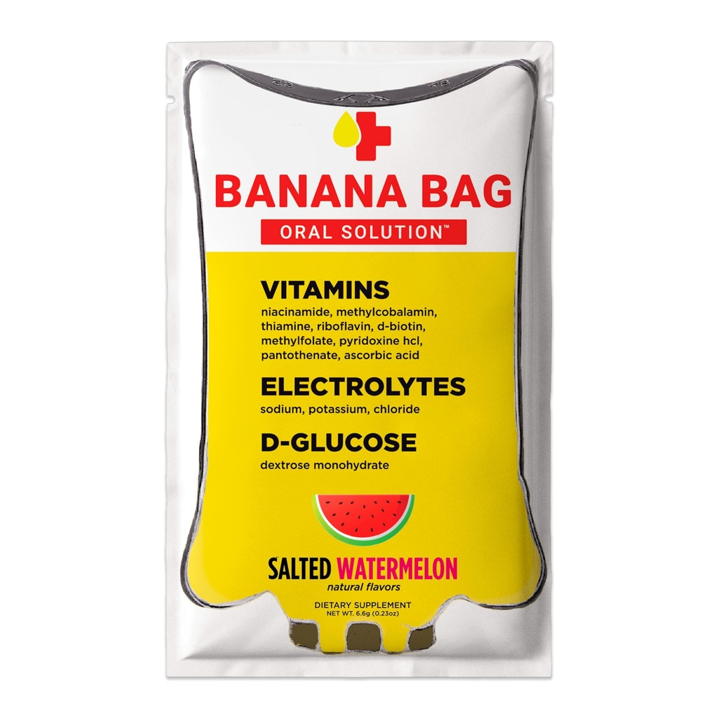 Sachet de banane Solution orale Packets – Pastèque salée 15pk.Un mélange rafraîchissant d'électrolytes, de vitamine C et de complexe B pour l'hydratation et l'énergie. Pratique, facile à utiliser et parfait pour une utilisation quotidienne.