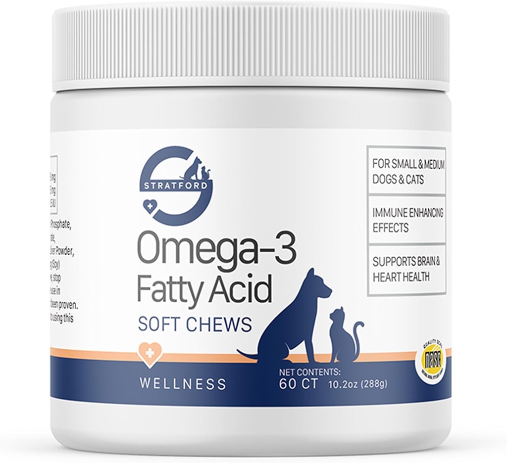 Stratford Pharmaceuticals EZ Chew Omega 3 Acide gras Soft Chew Max Strength - Supplément Chien Omega 3 - Soft Chew traite avec de l'huile de poisson pour chiens - petits et moyens chiens - 60 Soft Chews