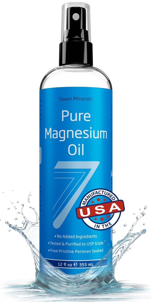 Seven Minerals Pure Magnesium Öl Spray, Big 12oz, USP Grade, Extra Strength, für Füße, Schlaf, Muskelschmerzen & Krebse - Gemint in den USA