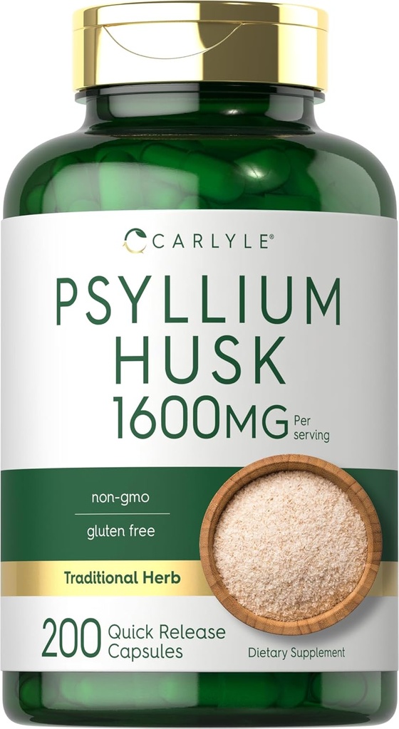Carlyle Psyllium Husk Kapseln 1600mg | 200 Count | High Potency Fiber Supplement | Non-GMO, Glutenfrei