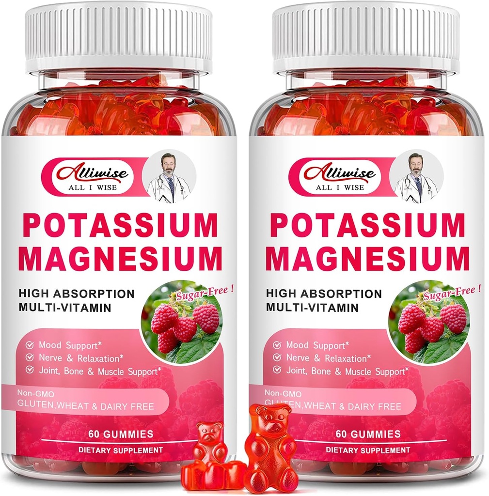 2 Pack Kalium Magnesium Ergänzung Gummi - Kalium Citrat & Magnesium Glycinat für Leg Cramps & Muskel, Stimmung & Entspannung, Energie Unterstützung mit Vitamin B6, D3, C Raspberry Flavor