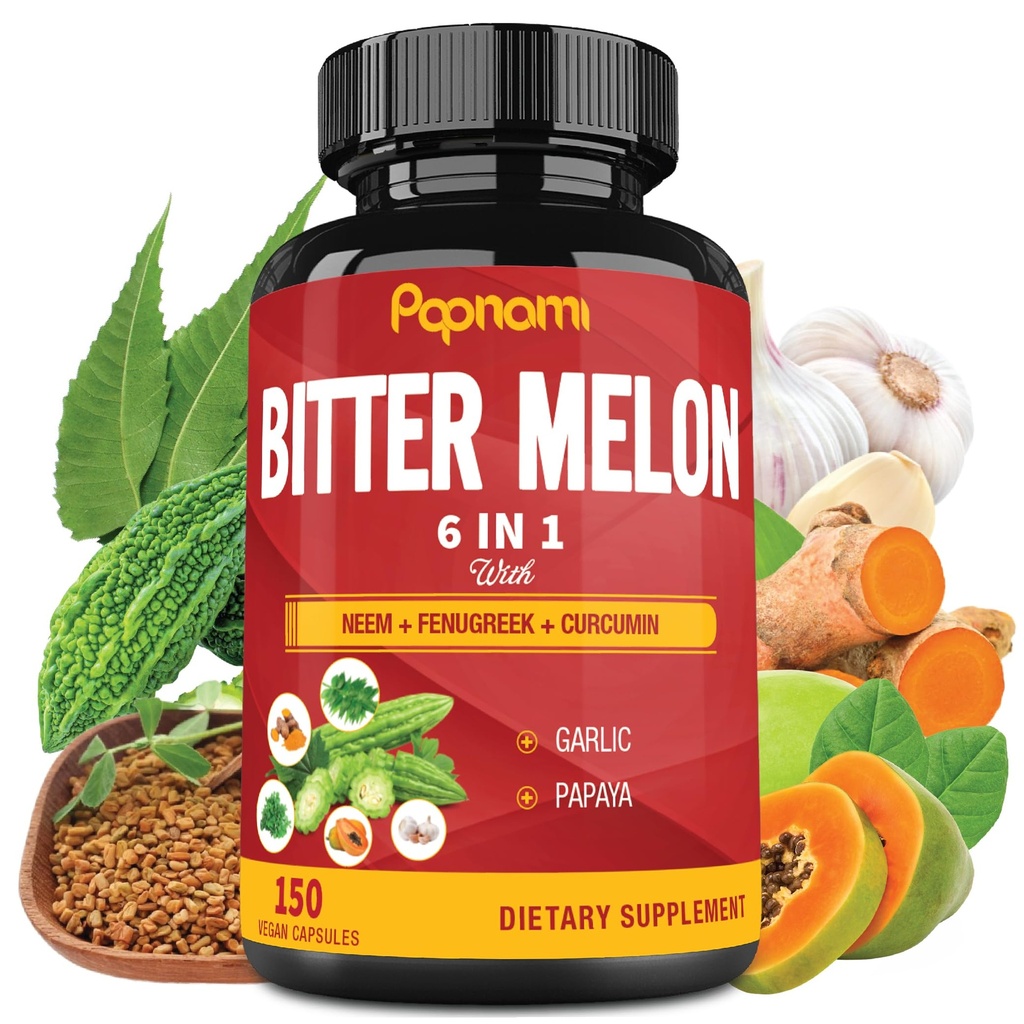Capsules d'extrait de mélône biologique - Ensemble Neem, Fenugreek, Curcumin, Ail & Papaya - 150 Compte pendant 5 mois - Soutient le corps, la digestion, la peau, l'Immune et le bien-être général