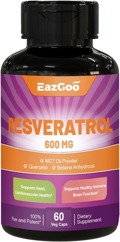 Resveratrol 600 mg, Trans-Resveratrol-Ergänzung, Antioxidante Gesundheits-Aging-Unterstützung, 60 Kapseln
