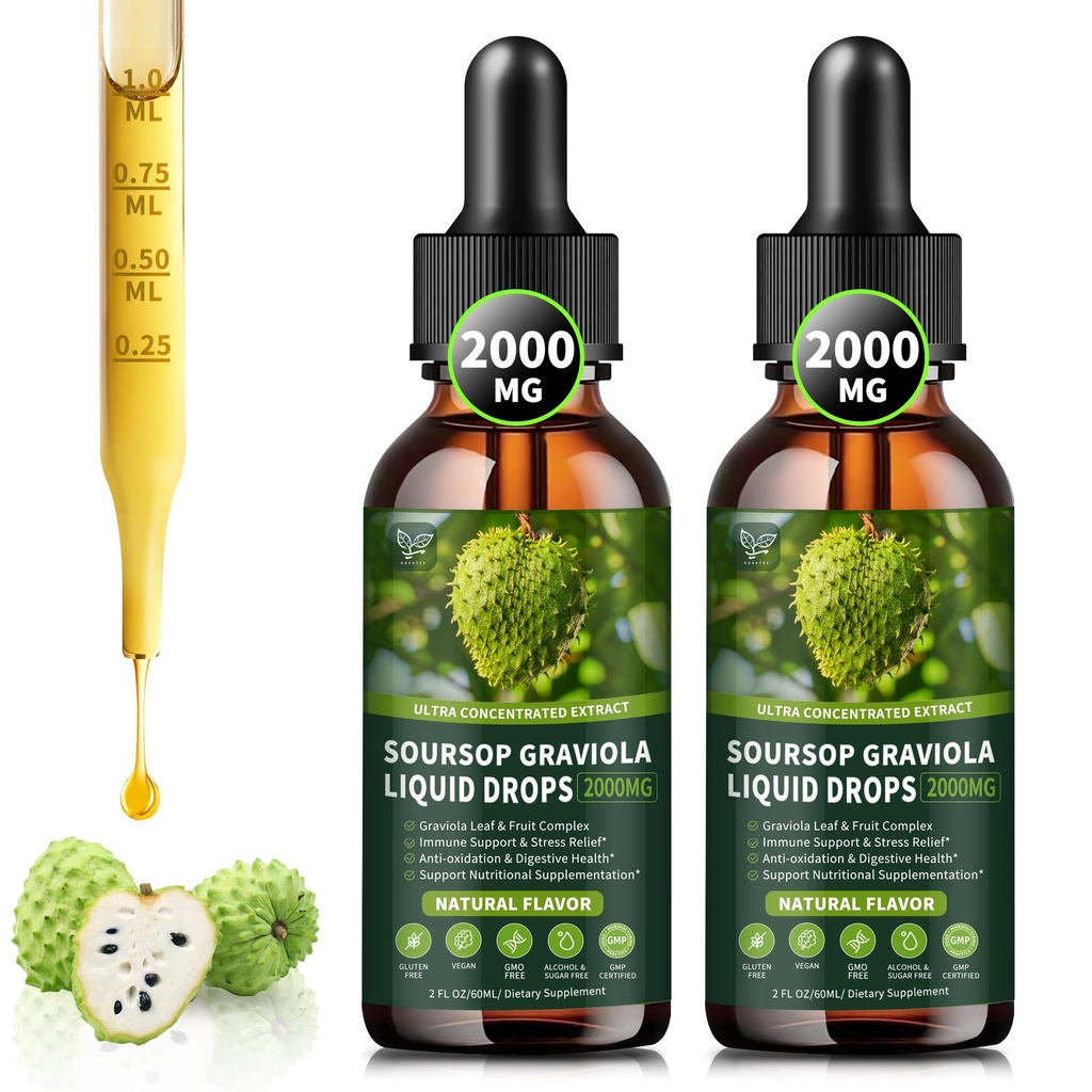 (2 Pack) Sourop Graviola Liquid Drops 2000mg, 98% Absorption pour le soutien cellulaire et la régénération, Immune Boost, Foie, Bien-être Herbacé, Sourop Bitters Liquid-Sugar/Gluten Free, Saveur naturelle, 4 Fl Oz
