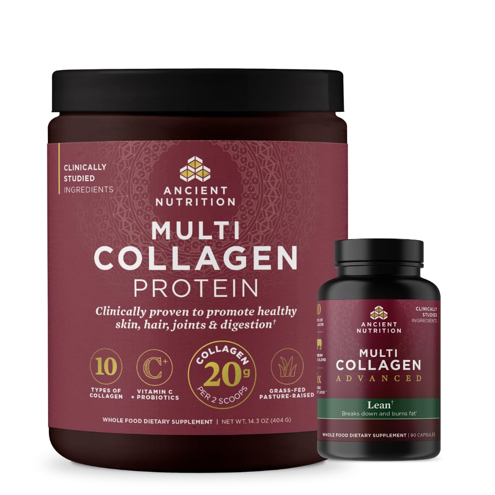 Ancient Nutrition Multi Collagène Capsules de Lean avancées, 90 Compte + Multi Collagène Poudre de Protéines, Sans aromatisation, 40 Servants