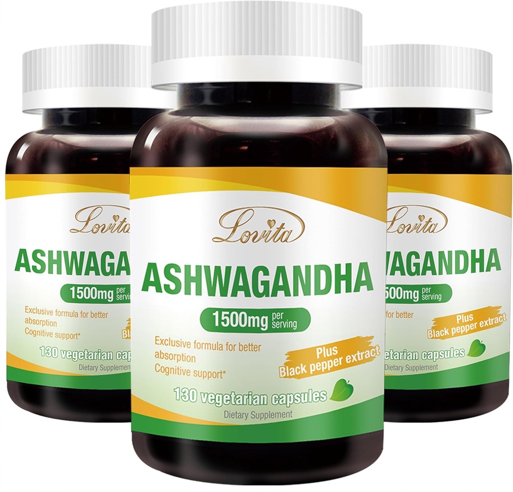Lovita KSM-66 Ashwagandha | Hochkonzentriert | 5% Withanolide | 95% Schwarz Pfeffer Piperin | Stress Relief & Energie Unterstützung | Vegan, Glutenfrei | 130 Kapseln (Pack von 3)