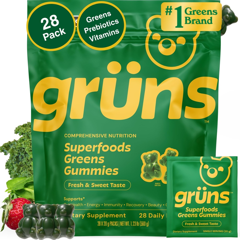 Gruns adulte Super Verts Multivitamines Gommies, Super alimentation Vitamines Gommy pour les femmes et les hommes avec Spiruline, Chlorella, Adaptogènes et fibre prébiotique pour la santé digestive (28 comte)