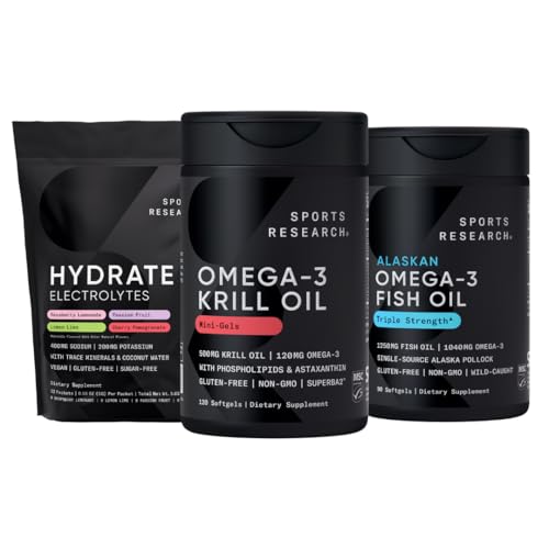 Sportforschung Antarktis Krillöl Omega 3 Mini-Softgels 500mg mit Phospholipiden, Choline, Astaxanthin, Triple Strength Omega 3 Burpless Fish Oil 1250mg, Sugar Free Multi Flavor Hydrate Elektrolyte