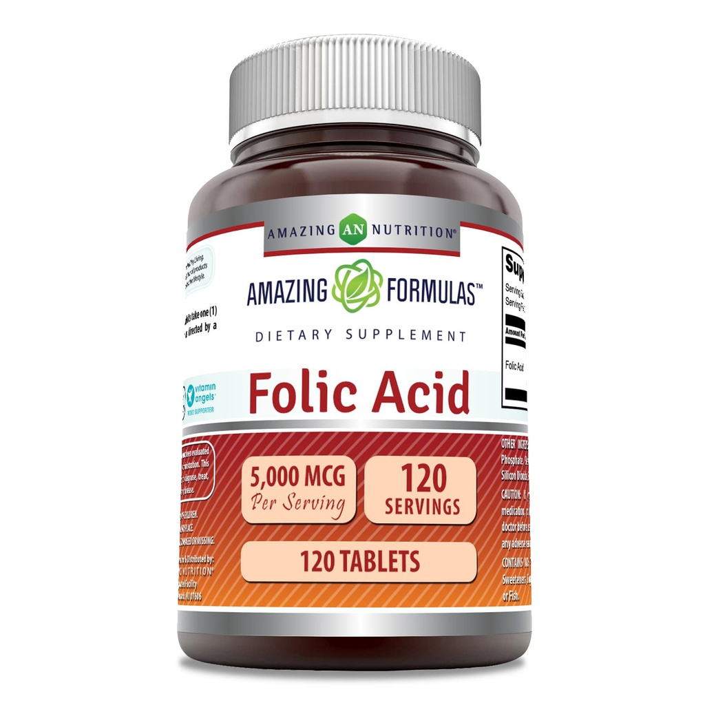 Formules étonnantes Acide folique (Vitamine B9) Supplément: 5000 Mg par portion: 120 Comprimés: Non-OGM: Sans gluten.