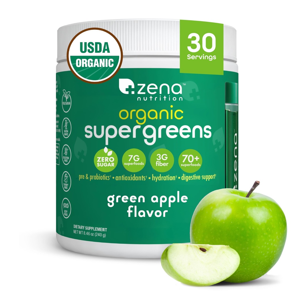 Zena Nutrition Bio Super Greens Powder, 70+ Superfoods, 0 Zucker, 3G Fiber, Spirulina, Chlorella, Pilze, Präbiotika/Probiotika, Verdauungsenzyme für Gutgesundheit, Grüner Apfel, 30 Servierungen