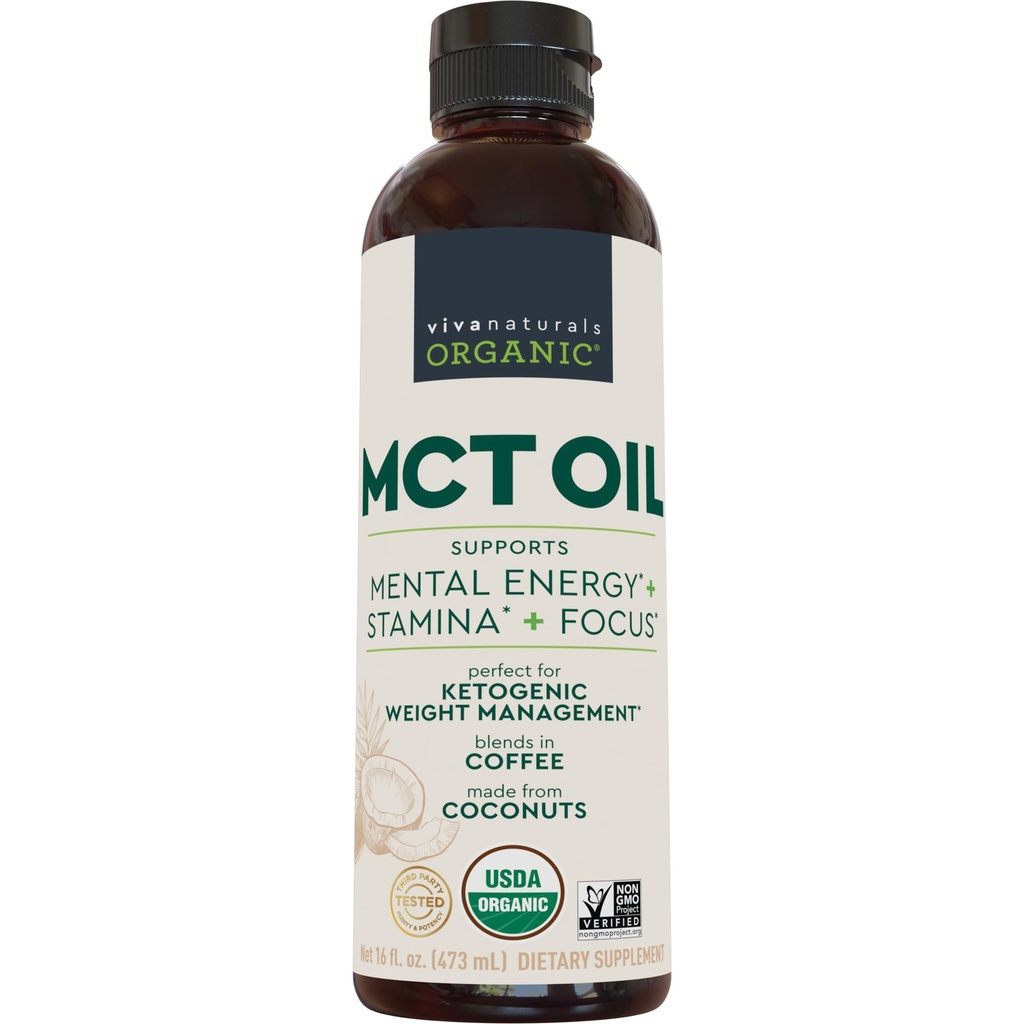 Viva Naturals Organic MCT Öl, 16 fl oz – MCT-Öl für Kaffee, USDA Organic, Non-GMO, Paleo Certified & Keto Friendly, Unterstützt Energie und Psychische Klarheit