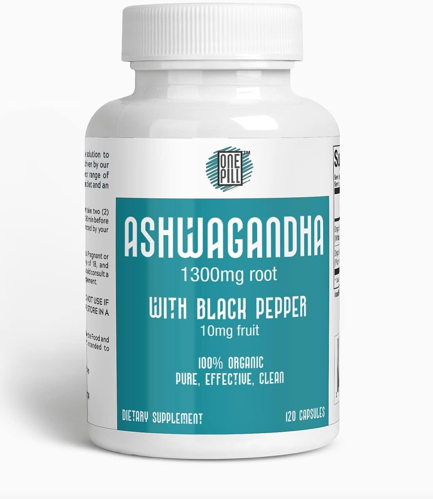 ASHWAGANDHA 1300 mg Bio-Root mit schwarzem Pfeffer. Natürliche Stress- und Moodunterstützung Ergänzung 120 Kapseln