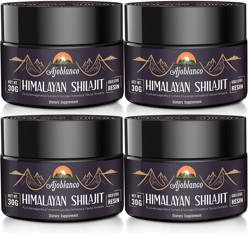 Ajoblanco 600mg Natürliche Himalaya Bio Shilajit Resin - Himalaya Gold Shilajit Resin mit Bio Ayurvedic Blend in Hohe Potenz für Energie, Kraft &amp; Immunität, Pack von 4