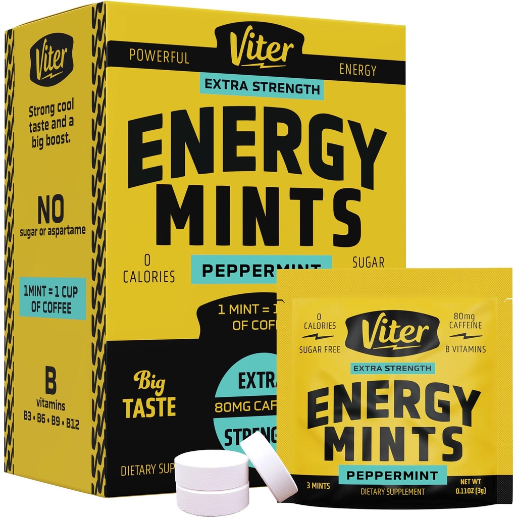 Viter Energy Caffeine Mints 80mg Extra Strength - 90 Stück Koffeiniert mit B Vitaminen. Sugar Free Vegan Breath Mint. Energize Nootropic Focus Booster für schnelle Alertness (Peppermint Flavor, 30 Pack)