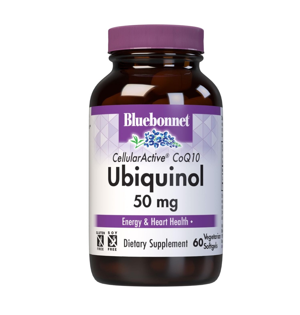 Bluebonnet Nutrition Cellulaire actif CoQ10 Ubiquinol 50 mg Softgels végétariens, santé cardiaque et cellulaire, Ubiquinol de Kaneka, non OGM, sans gluten, sans soja, sans lait, 60 Softgels végétariens