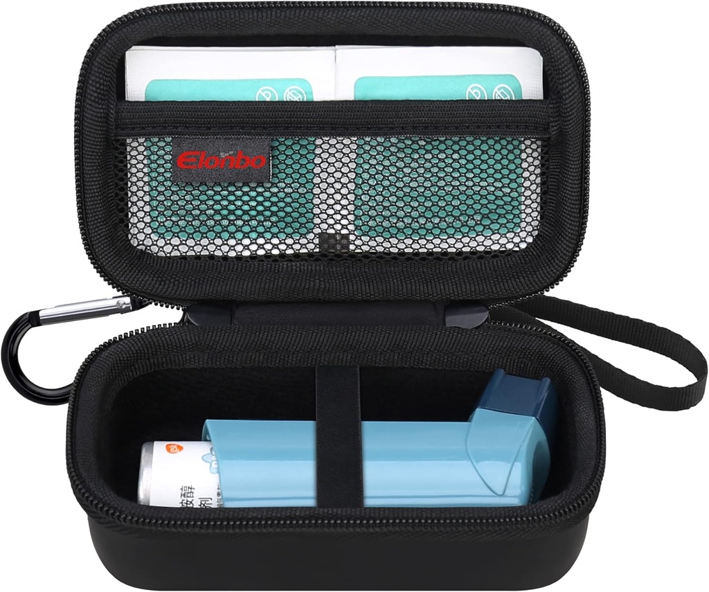 Elonbo Asthma Inhaler Carrying Case, Travel Organize Halter Tasche für Ventolin Inhaler, Extra Innen Mesh Tasche Passt Asthma Mediction, Black+Inside Black (CASE NUR! Inhalator Medizin Nicht enthalten)