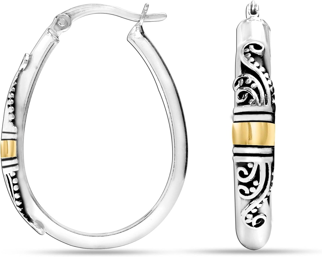 LeCalla 925 Sterling Silber Bali-Style Hoop Ohrringe Leichte Click-Top Antike Zwei-Tone Beaded Italian Bali Style Ohrringe für Damen