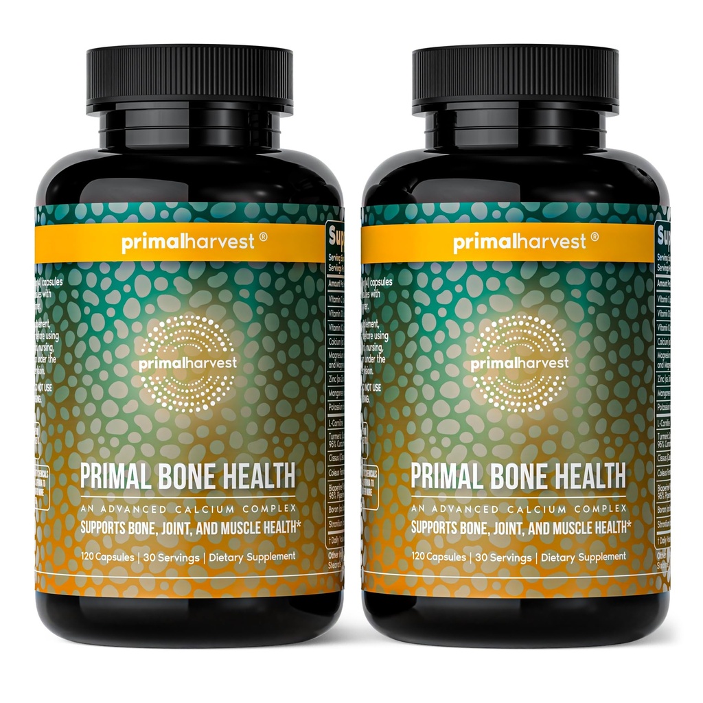 Primal Harvest 2 Pack, Primal Bone Health Complexe de santé au carbonate de calcium pour hommes et femmes avec du calcium, du magnésium, du zinc, du manganèse, du potassium et de la L-Carnitine (240 capsules)