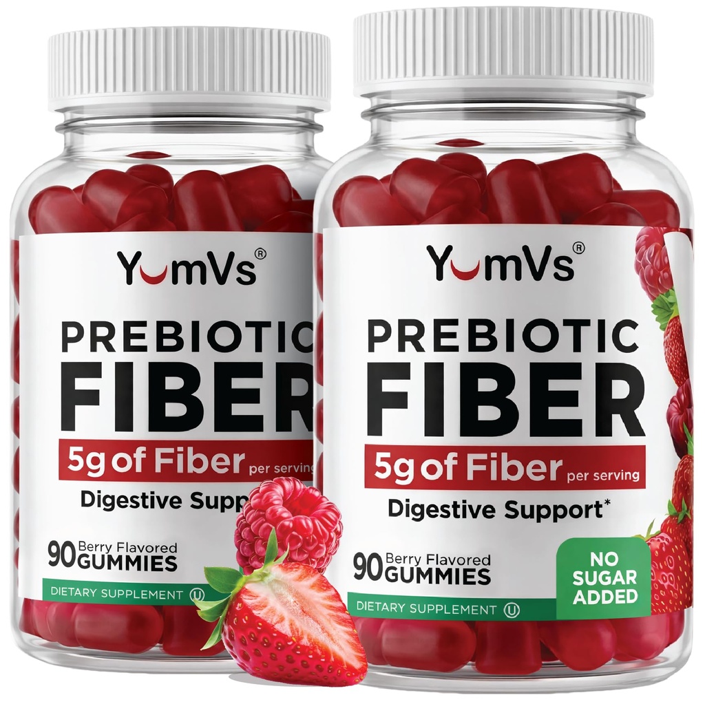 Yum-Vs - Gommies de fibre prébiotiques pour les adultes et les enfants - Supplément de fibre gommy digestionnelle 5g - Supplément de fibre prébiotique quotidien pour les femmes et les hommes - Pas de sucre ajouté Fibre alimentaire (90 comte)