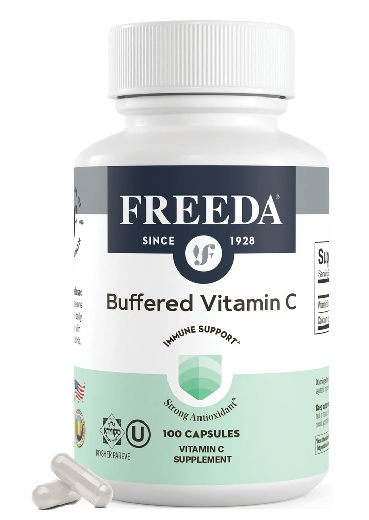 FREEDA Gepuffertes Vitamin C 500mg – Nicht-Acidic Calcium Ascorbat – Immununterstützung & Antioxidans – Kosher, Gentle on Stomach – 100 Kapseln