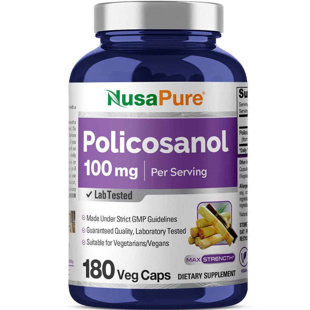 NusaPure Policosanol 100mg 180 Veggie Kapseln (Vegan, Non-GMO)