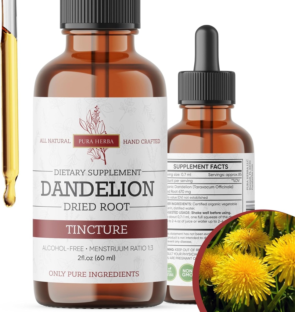 Dandelion Root Tincture 2 oz – Alkoholfreier Kräuterextrakt – 670 mg pro Portion – Glycerin-basiert, Vegan, Non-GMO, kein hinzugefügter Zucker – Dandelion Drops Liquid Supplement
