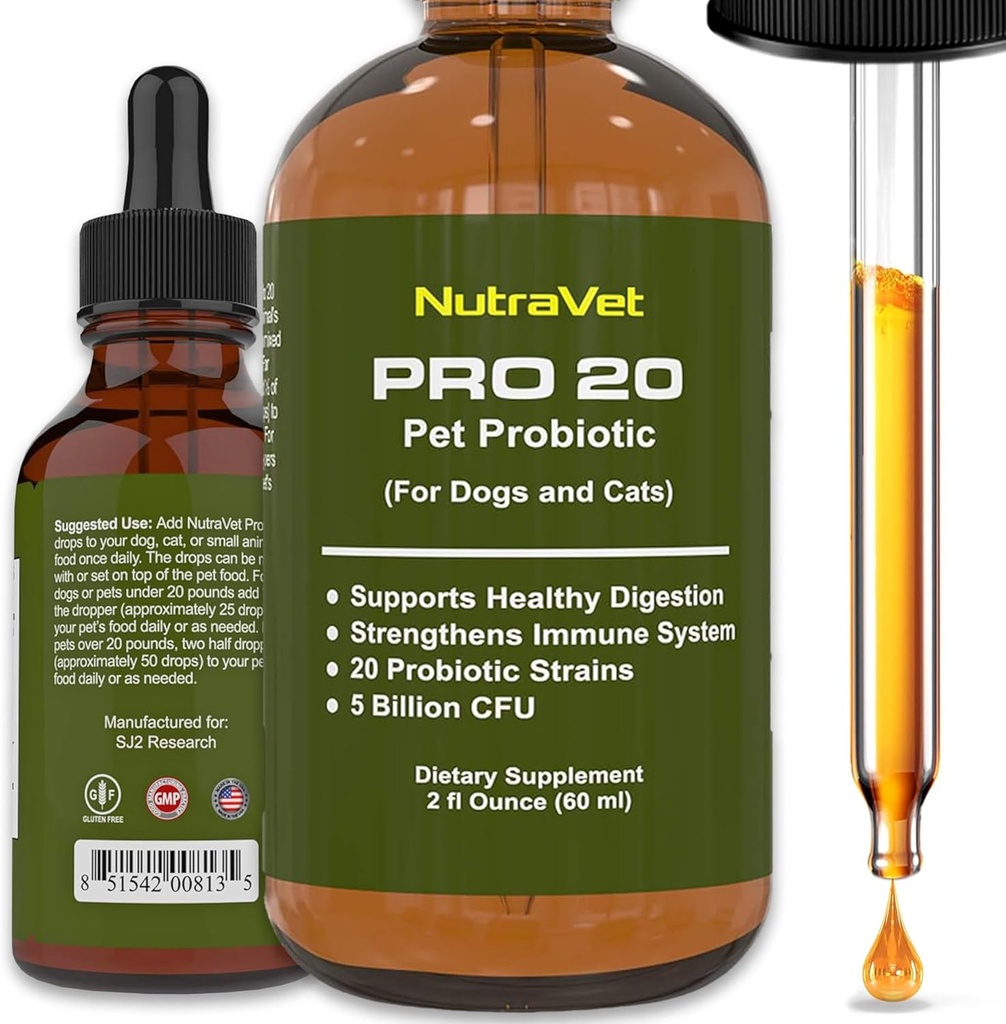Probiotics for Dogs and Cat Probiotics - 120 Portionen (1/2ml). 100% natürliche Verdauungsenzyme für Gasentlastung und gesunde Verdauung. Präbiotika über flüssige Vitamine für Kontipation & Leaky Gut